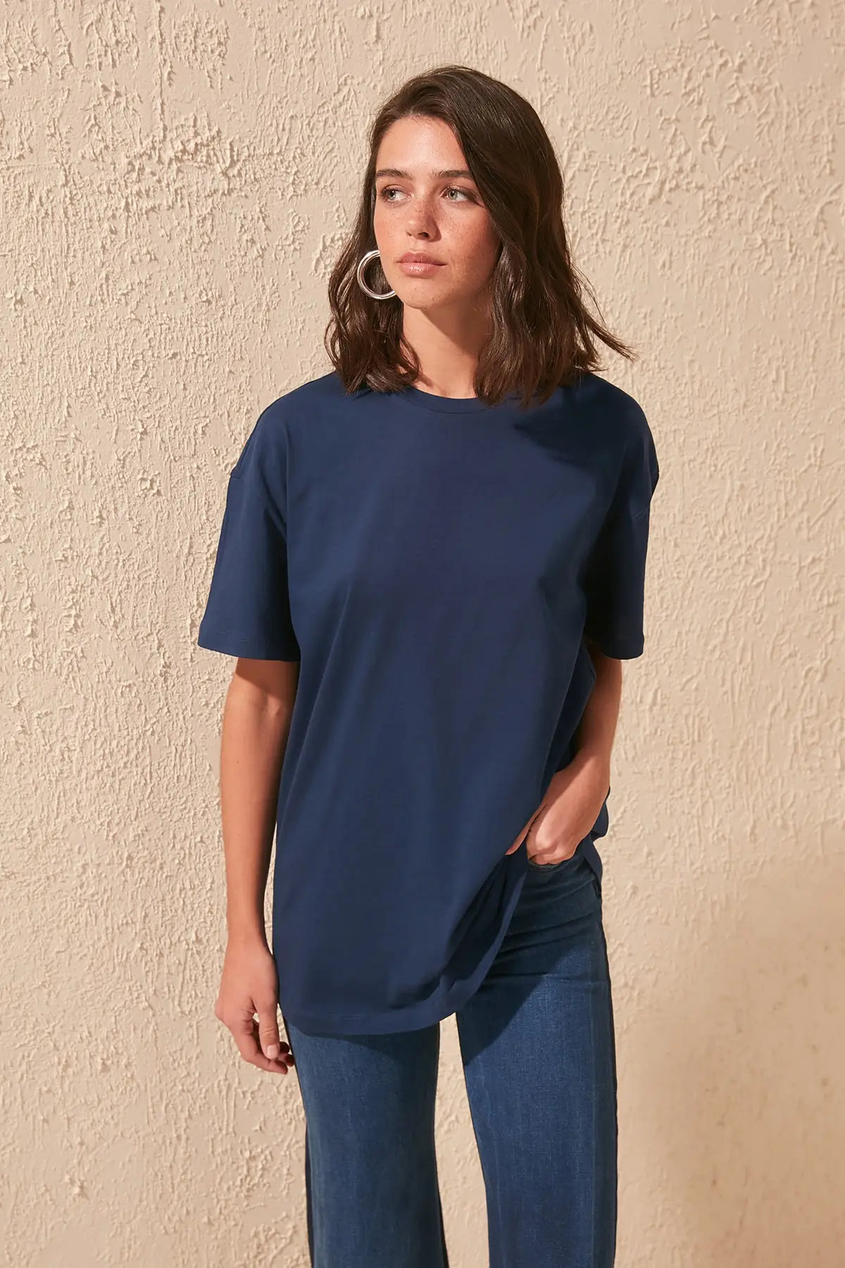 Trendyol Navy Embroidered Boyfriend Knitted T-shirt TWOSS19GS0111 | Женская одежда