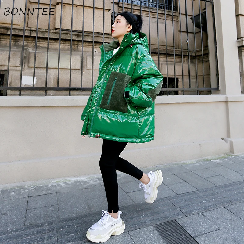 

Parkas Women Patchwork Pockets Bright Stylish Female Parka High Quality Hooded Winter Womens Coat Loose Thicken 2020 New Clothes