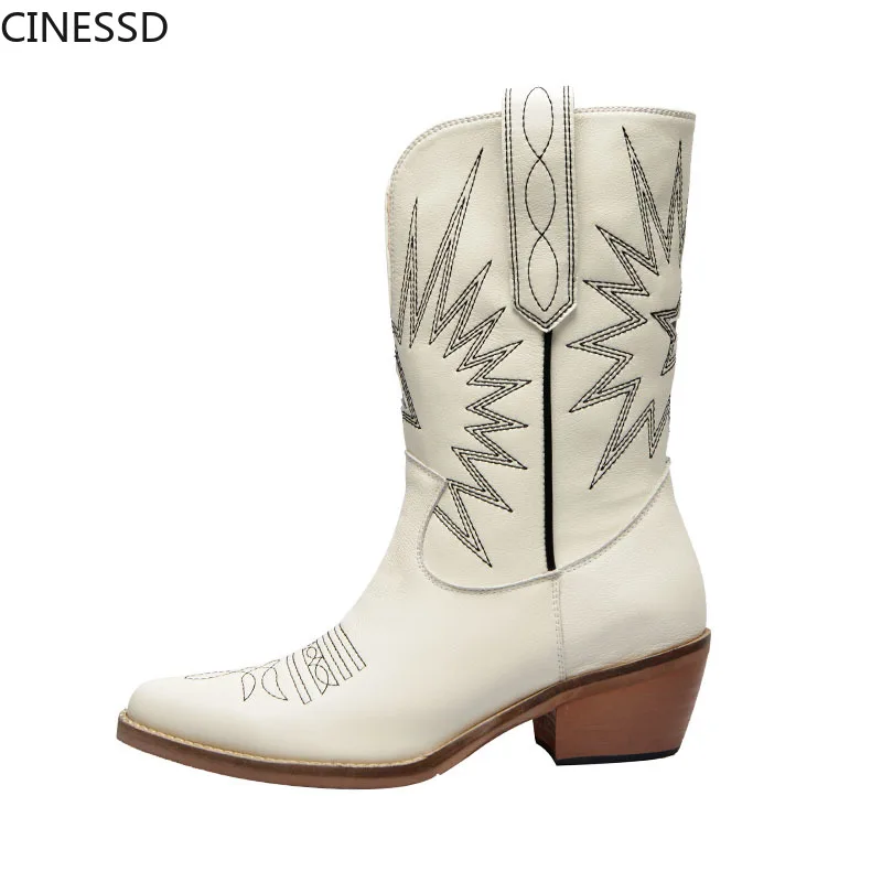 

CINESSD женские ковбойские ботинки осень-зима с квадратным каблуком без застежки; Однотонные сапоги с острым носком; Мотоботы для женщин