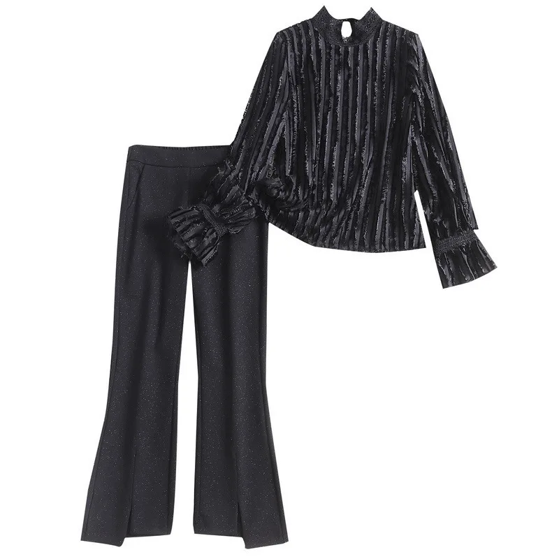 

2020 Designer Spring Fashion two Piece Set Women's stand collar long sleeves tops and blouses+casual flare Pants suit