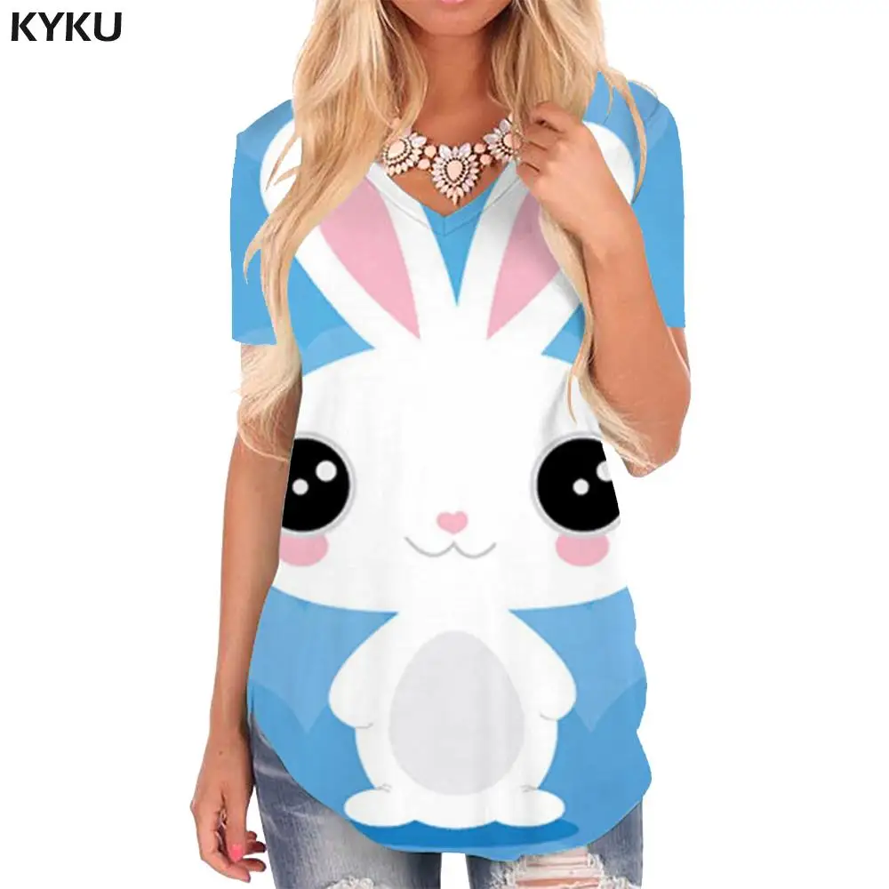 

KYKU Rabbit T-shirt women Animal Shirt Print Love V-neck Tshirt Lovely Funny T shirts Womens Clothing Fashion Casual Tops