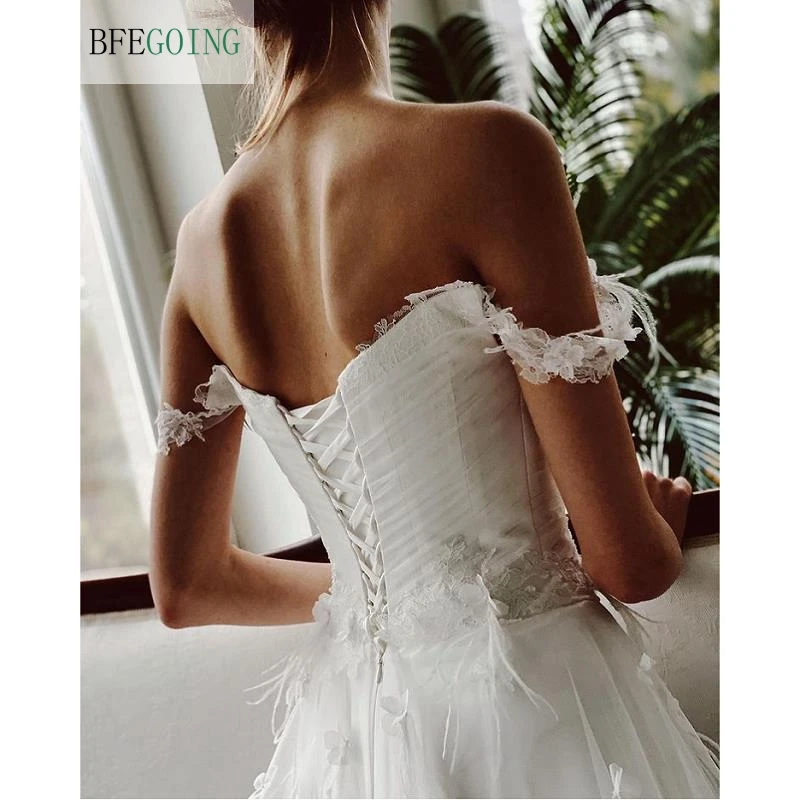 

White Tulle Appliques Sweetheart Off The Shoulder Floor-Length Bridal Gowns A-Line Wedding Dresses Custom Made