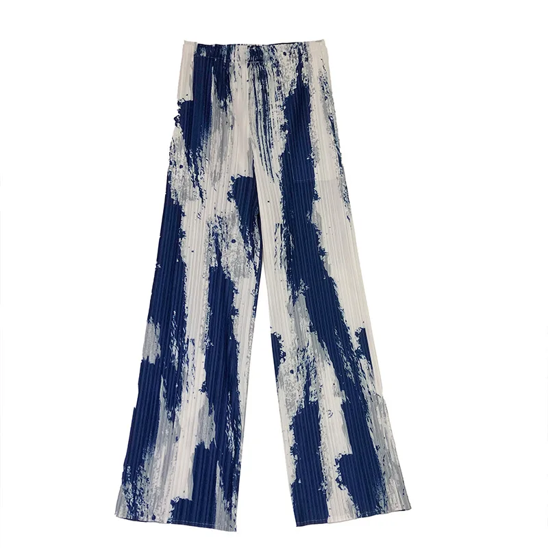

SuperAen Spring and Summer Pleated Pants Straight Print Fashion High Waist Loose Elastic Waist Woman Pants