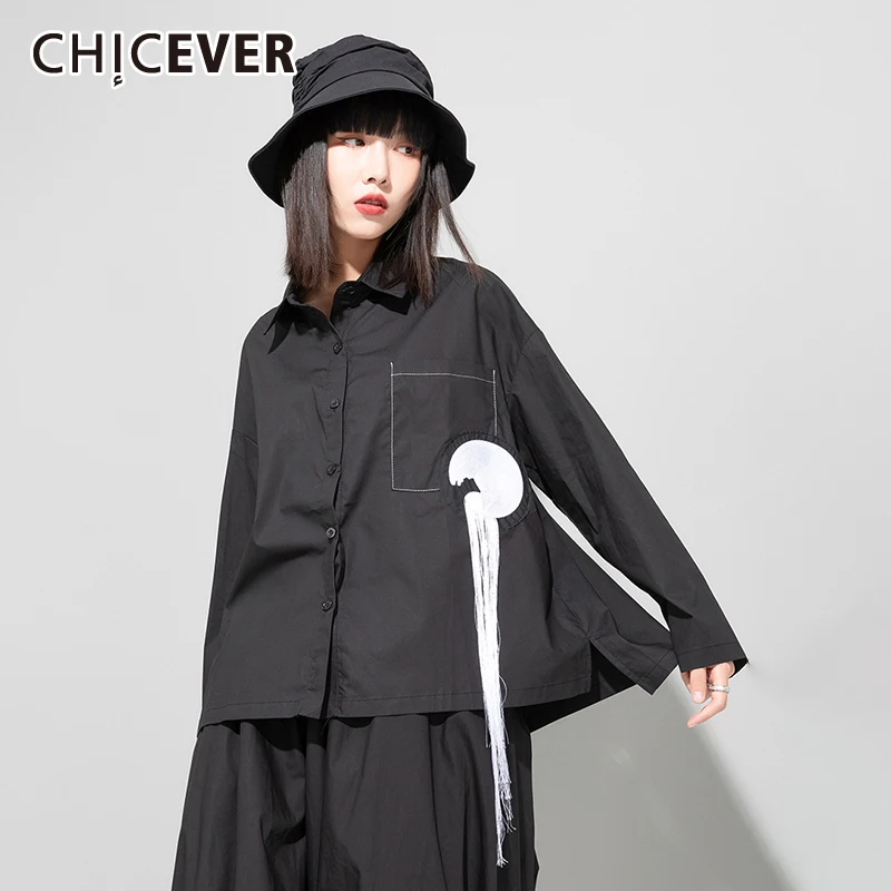 

CHICEVER Casual Patchwork Tassel Shirt For Women Lapel Collar Long Sleeve Loose Button Through Blouse Female Korean Fashion 2021