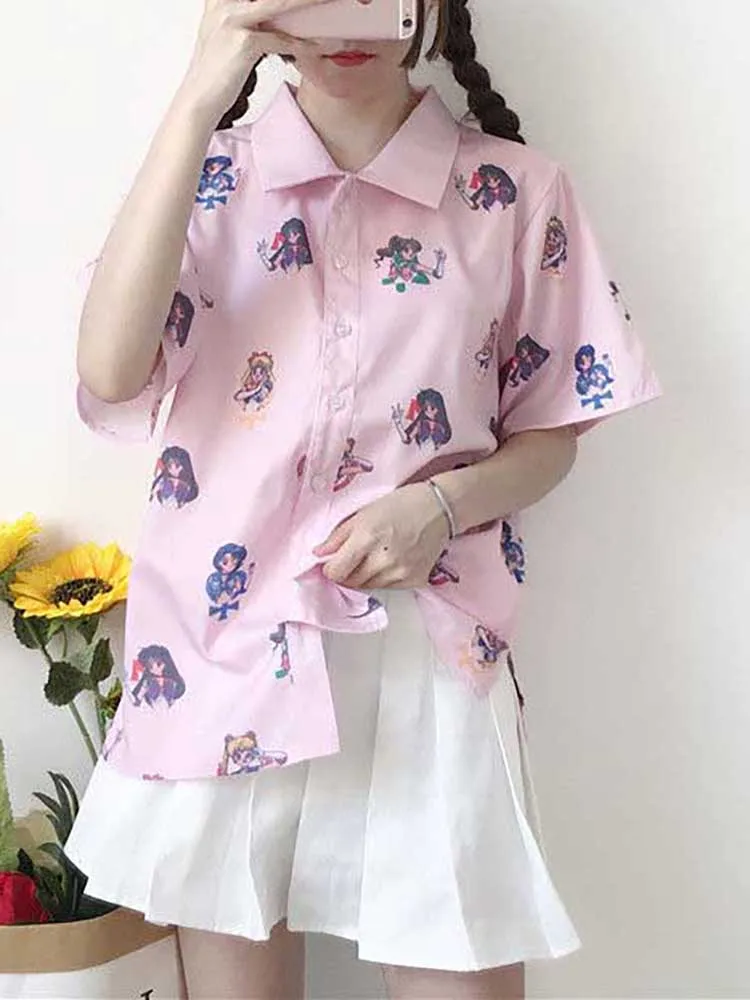 blouse and skirt NiceMix летняя Harajuku блуза с коротким рукавом женская с принтом Сейлор Мун кавайные Топы повседневные рубашки размера плюс женские блузы - Цвет: blouse and skirt