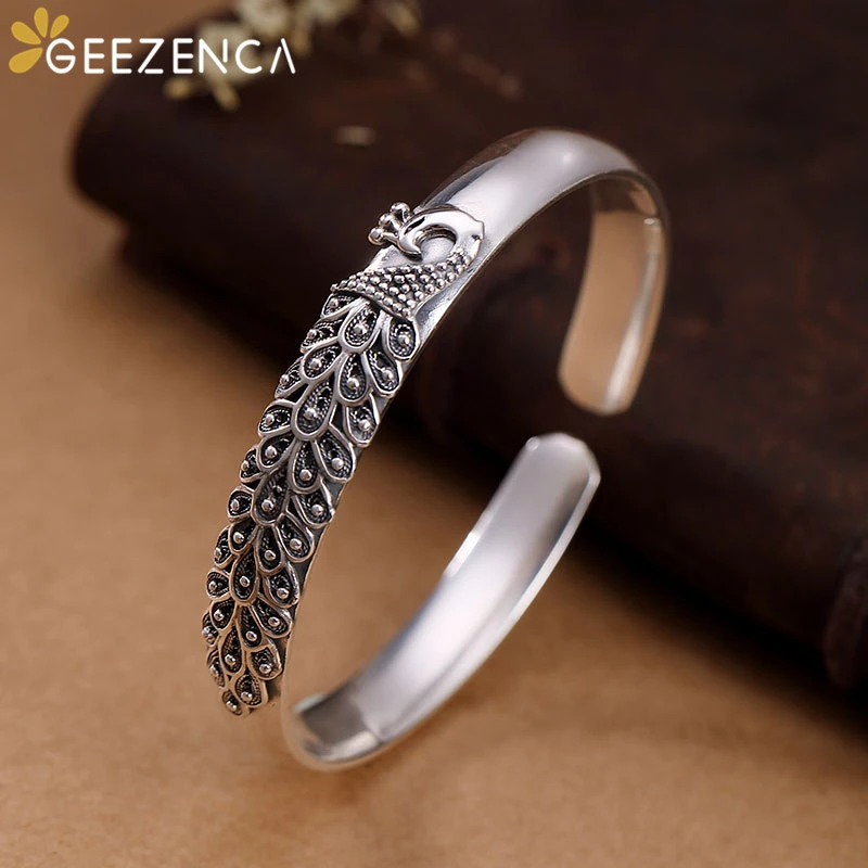 

Vintage 999 Sterling Thai Silver Peacock Open Bangle Bracelets Simple Ethnic Bangles Resizable Fine Jewelry for Women Cute Party