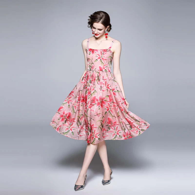 

2021 Newest Summer Runway Designer Beach Midi Dress Women Sleeveless Backless Pink Holiday Female Elegant Party Sexy Dress