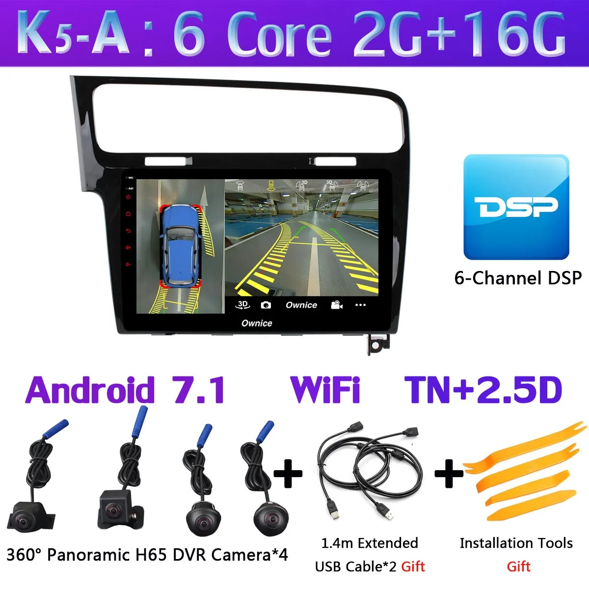 Панорамная камера 360 ° 4G LTE Android 9,0 4G+ 64G DSP CarPlay Автомобильный плеер для Volkswagen Golf 7 MK7 2013- gps радио - Цвет: K5-A