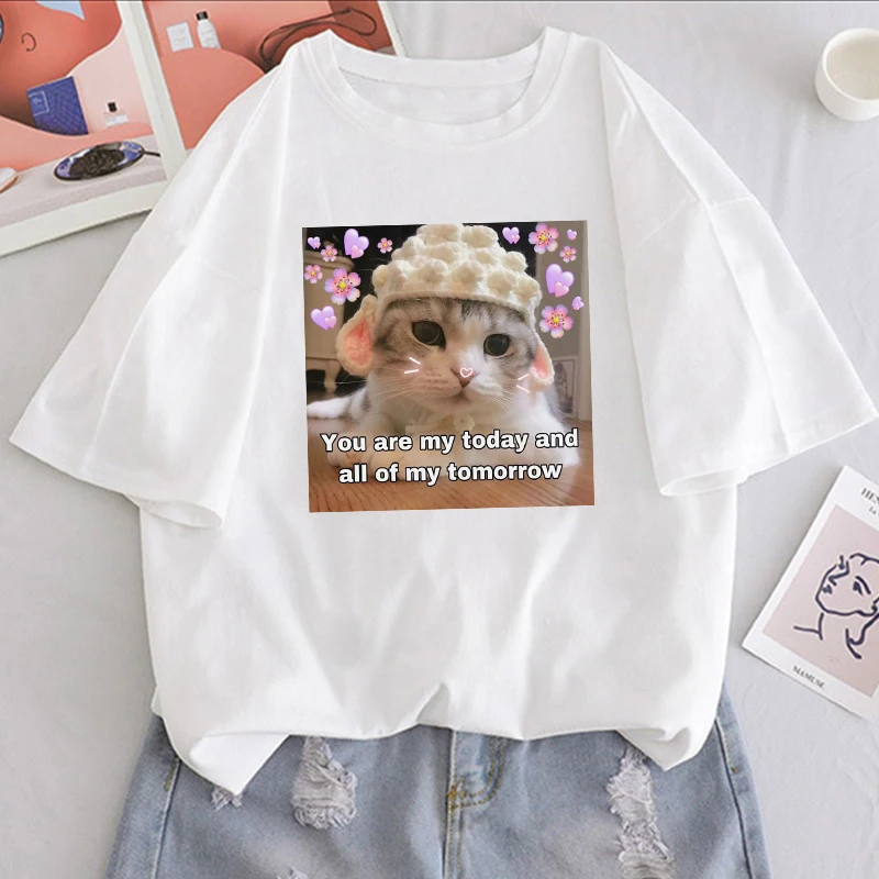 Летние милые корейские топы с короткими рукавами принтом кошки сердца собаки