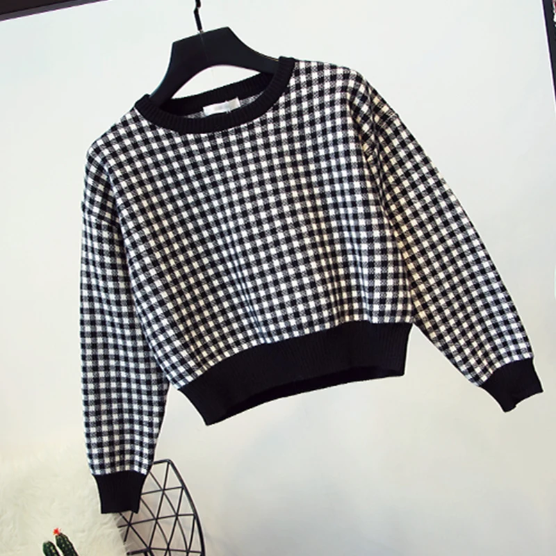 2019 осенние женские вязаный кардиган в клетку комплект со свитером короткий