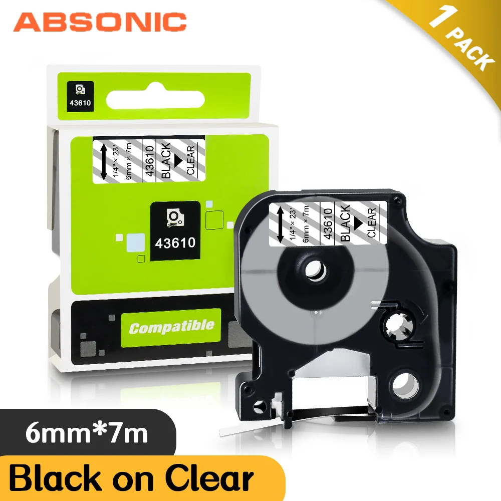Absonic 6 мм 43610 лента черный на прозрачном совместимый DYMO D1 этикеток для принтера