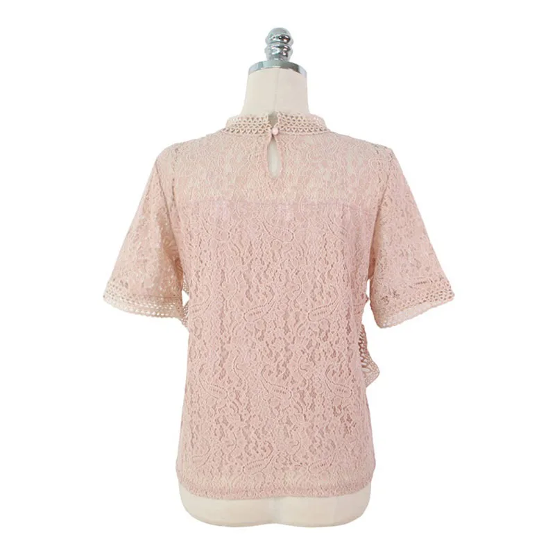 Женская кружевная блузка с коротким рукавом B0336 цвет черный белый розовый