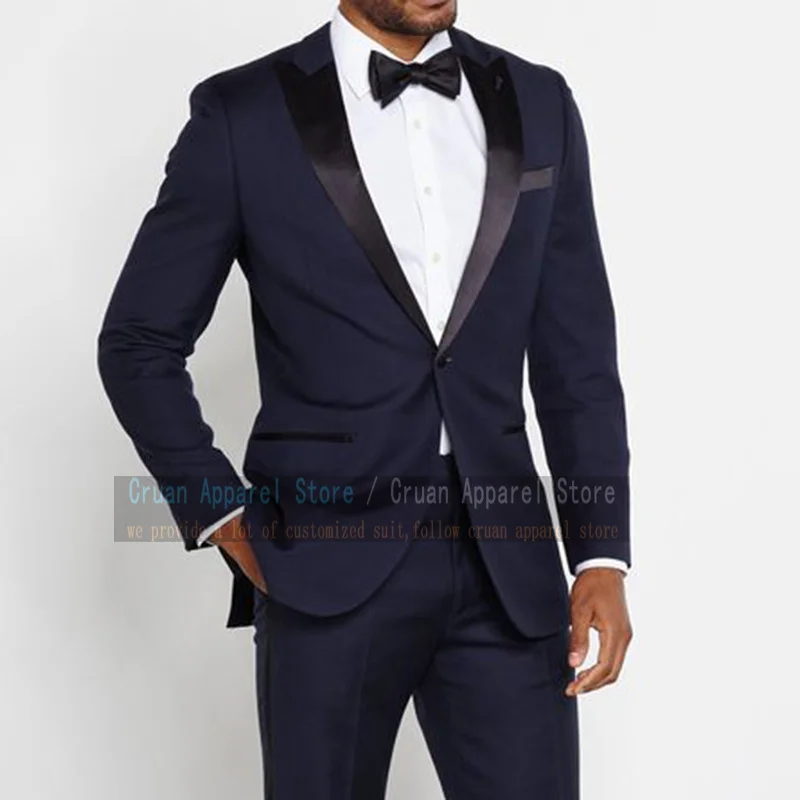 Custom Made Navy Blue Men Suit Sets Slim fit Shawl Lapel Best Man Groom Blazer Pants 2 Pieces Tuxedo Wedding Prom Male Clothing