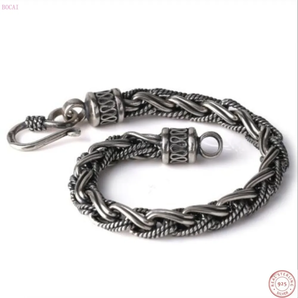 

BOCAI S925 Pure Silver Bracelet Fashion Hand Knitted Thai Silver Bracelet Male Money 6.5mm Rough Twist Bracelet For Men