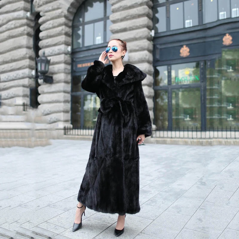 Женское пальто с натуральным мехом на капюшоне 120 см зимняя верхняя одежда из