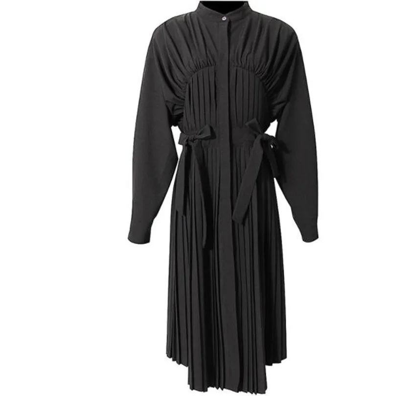 

Cultiseed Women Spring New Pleated Single Breasted Shirts Party Dress With Lantern Sleeve Female Fashion Bows Slim Waist Gowns