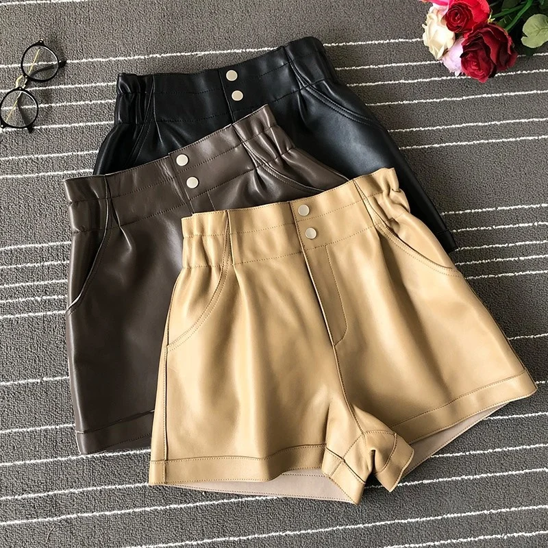 

Шорты женские из натуральной овечьей кожи, с высокой талией и широкими штанинами