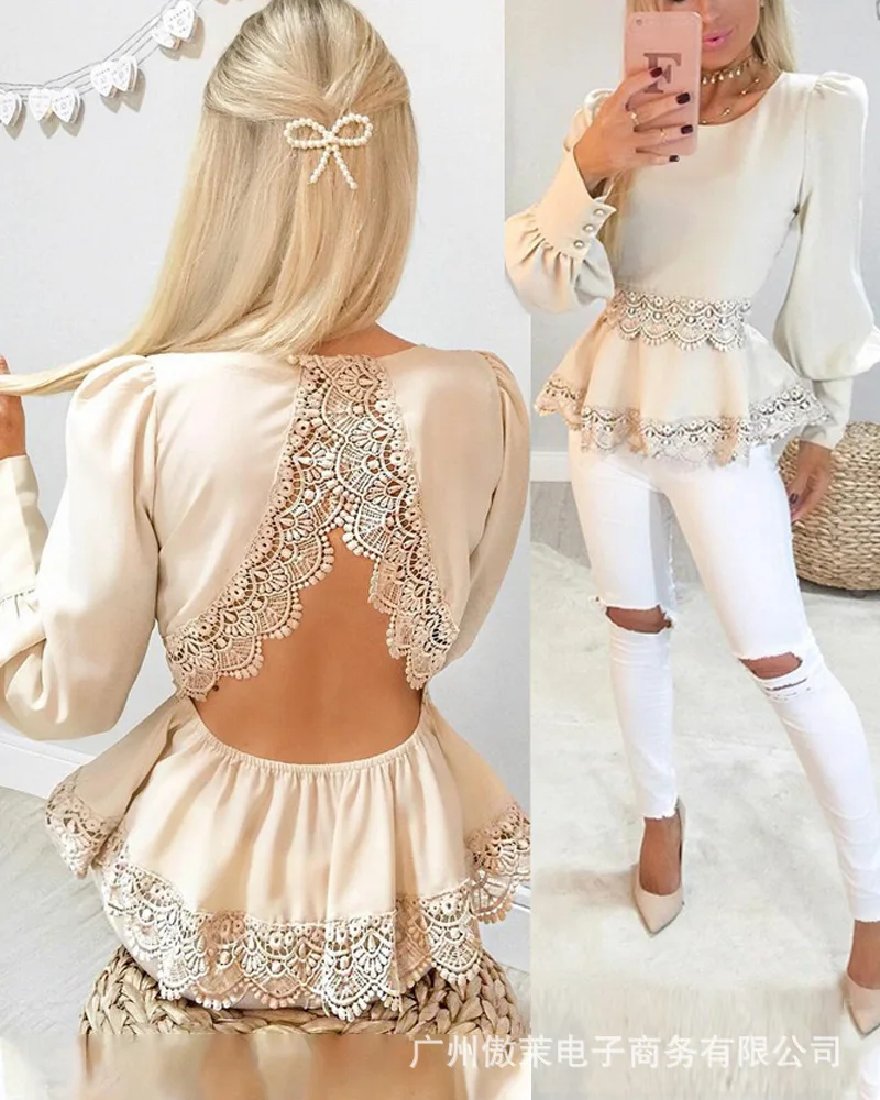 

Женская рубашка с длинным рукавом, кружевной топ с открытой спиной и рукавами-фонариками, Новинка осени 2021