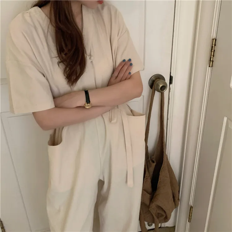 

Summer Short Sleeve Jumpsuit Women Korean Fashion One Piece Outfits Loose Overalls V-neck Wide Leg Pant Romper Femme