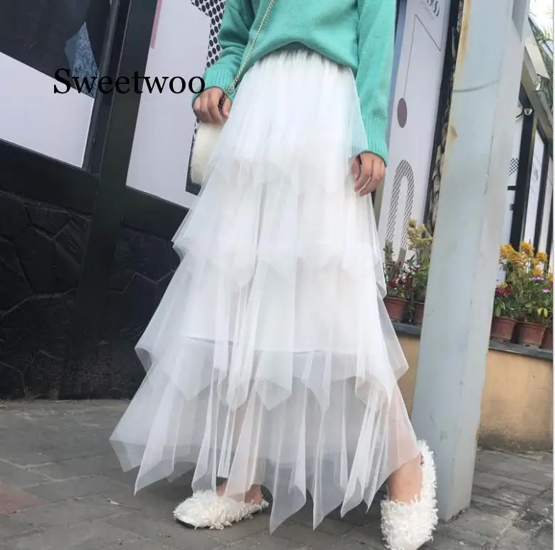 Женская Асимметричная фатиновая юбка модная эластичная сетчатая юбка-пачка с