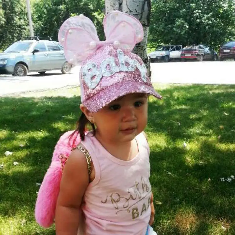 

DeePom Kids Baseball Cap Snapback Hats For Girls Baby Big Yarn Bow Sequin Mesh Children Summer Mesh Cap Sun Visor 3-8 Year Bone