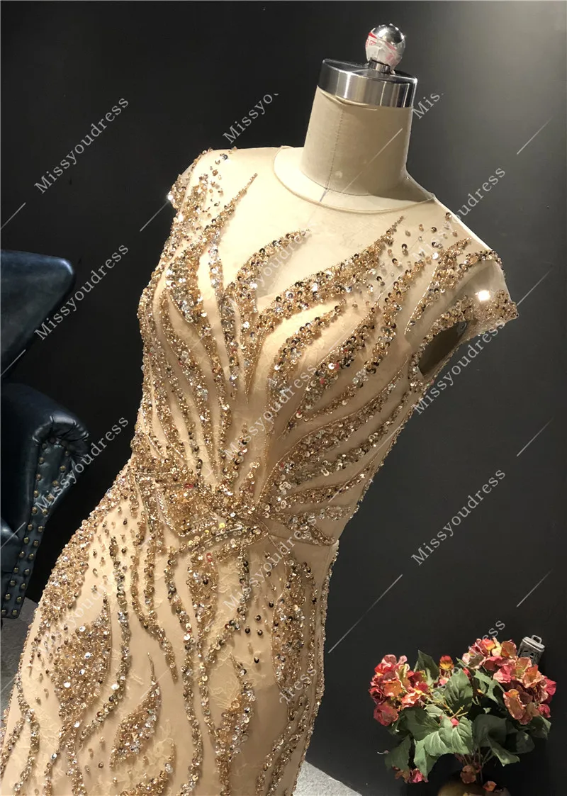 Vestidos de fiesta 2021 Real Sample Gold Short Sleeves Mermaid Floor Length Formal Party Prom Bridal Women Dancing Evening Dress