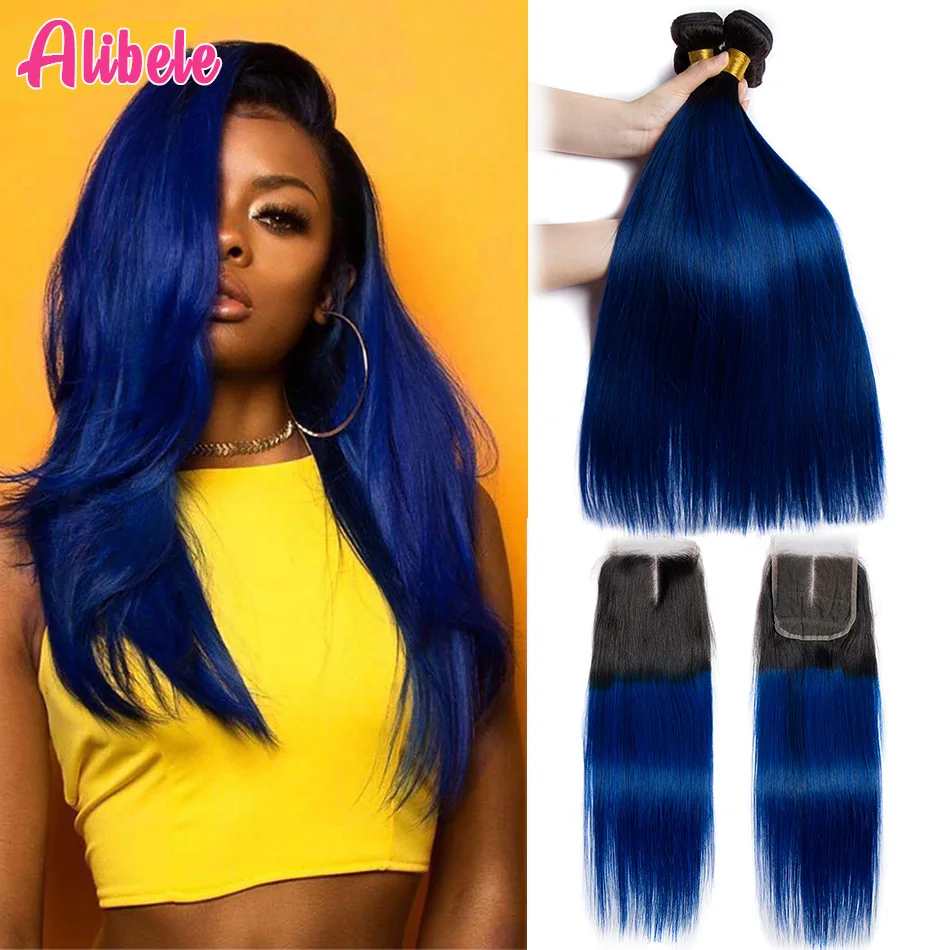 ALIBELE Ombre бразильский Weave волос Комплект s с закрытием 1B Синий прямой 3 4 кружева Remy