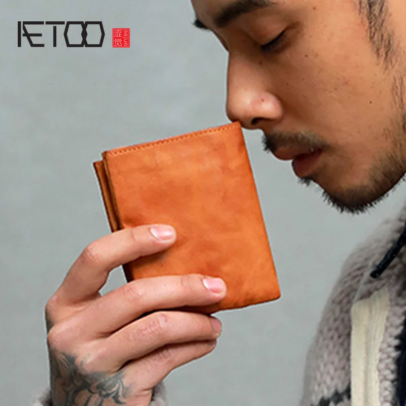 AETOO Ultra ince japon yapmak eski el yapımı cüzdan erkek kısa gençlik japon retro dana cüzdan