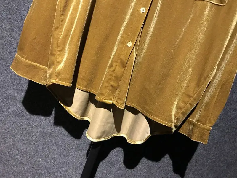 

Vintage Velvet Women Shirts Winter New Long-Sleeved Yellow Solid Pocket Casual All Match Thicken Warm Female Shirts Tops