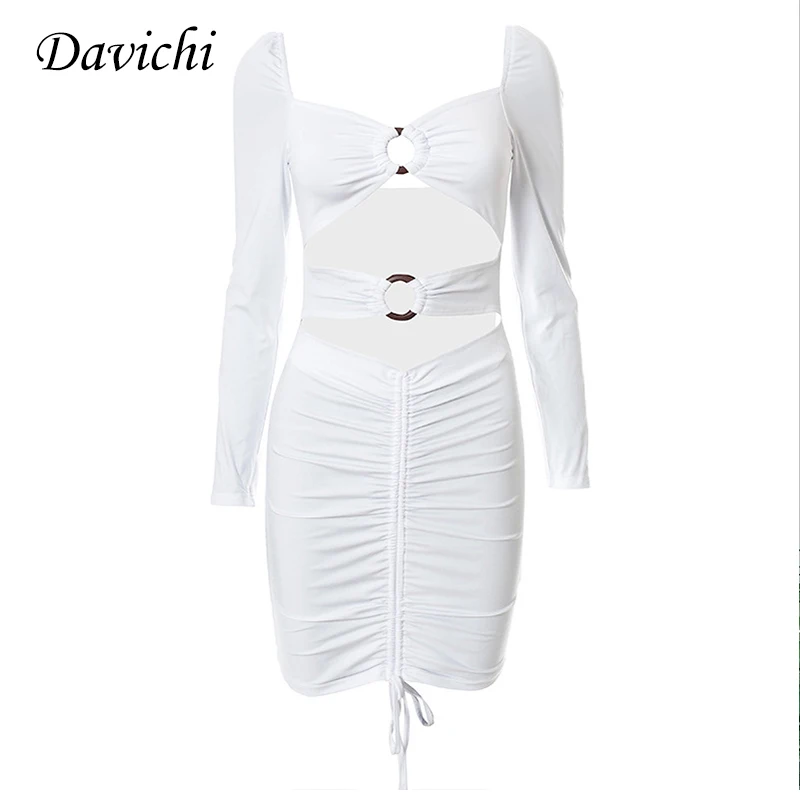 

Davichi Women's 2021 Summer Fashion Casual Solid Color Square Collar Long Sleeved Hollow Pleated Pure White A-line Short Dress