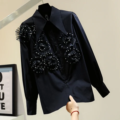 

Three-Dimensional Flower Shirt Woman 2021 Spring Korean Style Loose Temperament Heavy Industry Beads Long Sleeve Casual Blouses