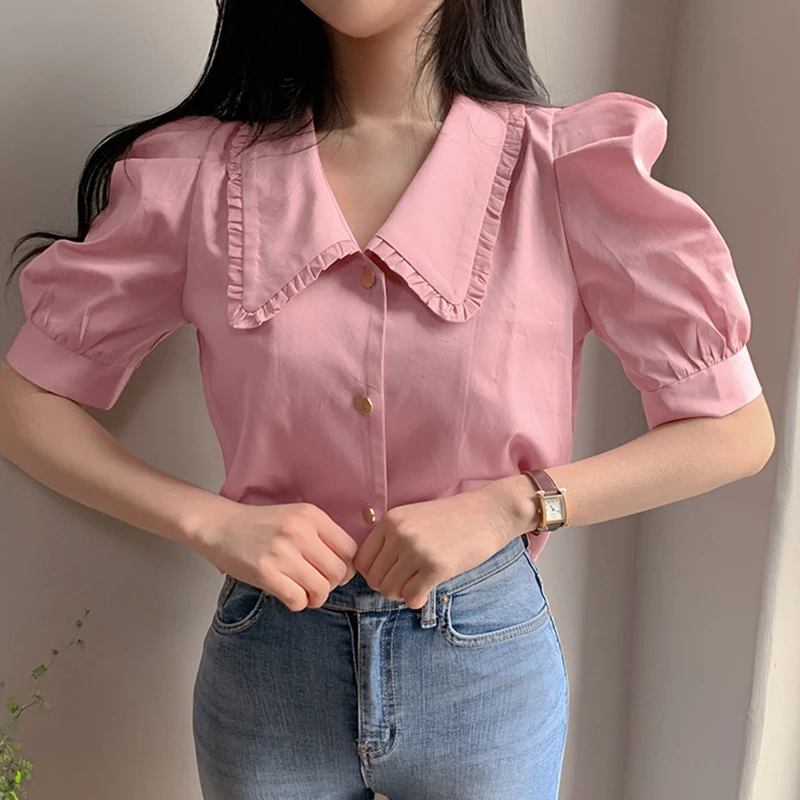 

LJSXLS 2022 New Turn Down Collar Shirt Womens Short Sleeve Blouses Retro Single Breasted Shirts Korean Clothes Summer Tops Mujer