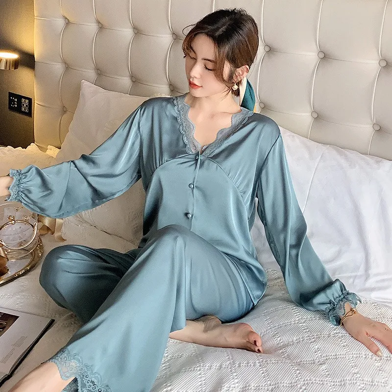 

Casual Pajamas Women Sleepwear Satin Two Piece Set Lace Shirt&Pants Sexy Button-Down Loungewear Comfy Pyjamas PJS Suit