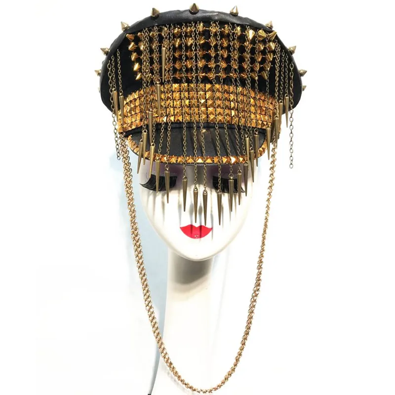 Female Military Hats Gold Silver Rivet Fringes Army Cap Bar Stage Dancer Singer Performance Accessories Headgear