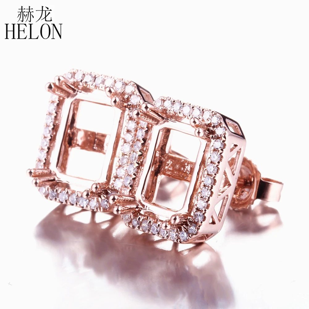 

HELON Emerald Cut 5x7mm Solid 10K Rose Gold Pave Natural Diamonds Women Fine Jewelry Semi Mount Engagement Wedding Stud Earrings