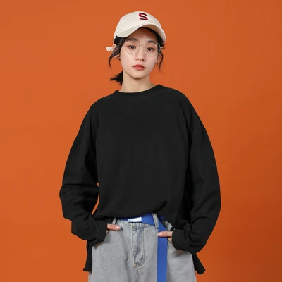 

Long sleeve women's black versatile medium length loose spring and autumn wear