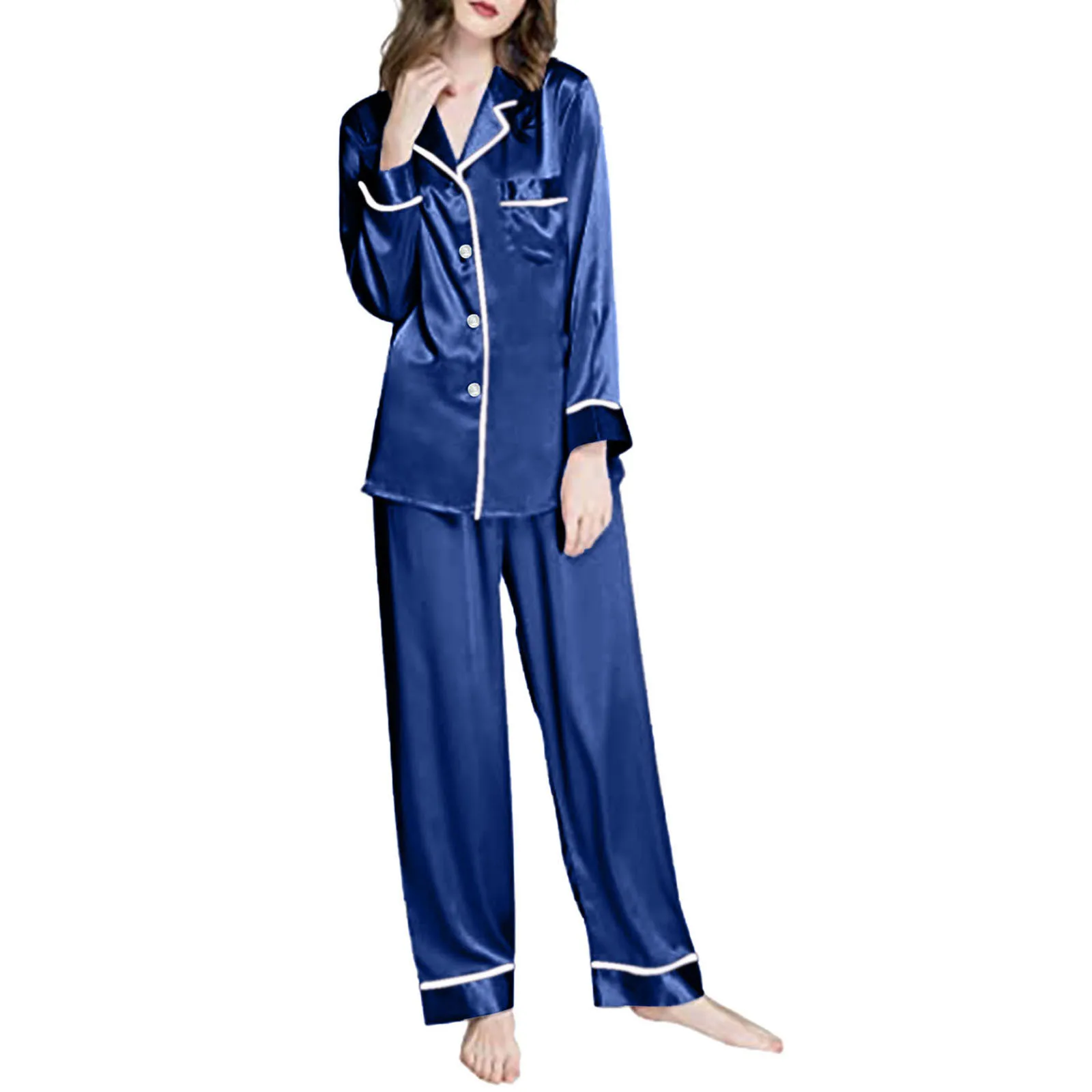 

2PCS Pajamas Sets Women Lapel Imitation Silk Long Sleeve Home Wear Ladies Mujer Sexy Satin Tops&Pants Nightgown Sleepwear Winter