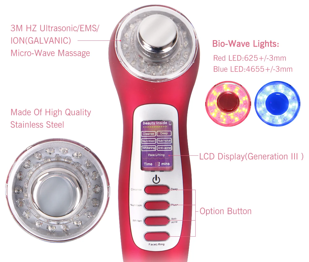 Kopen Galvanische Spa Ionische Led Light Photon 3Mhz Ultrasone Microcurrent Facial Massager Huidverzorging Diepe Reiniging Gezicht Lift Schoonheid Apparaat