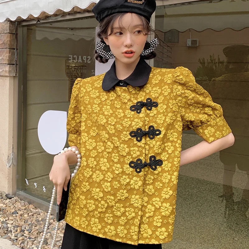 

Женские винтажные Топы в китайском стиле, блузки с пряжкой и белым кукольным воротником, повседневные свободные рубашки золотого цвета в ст...