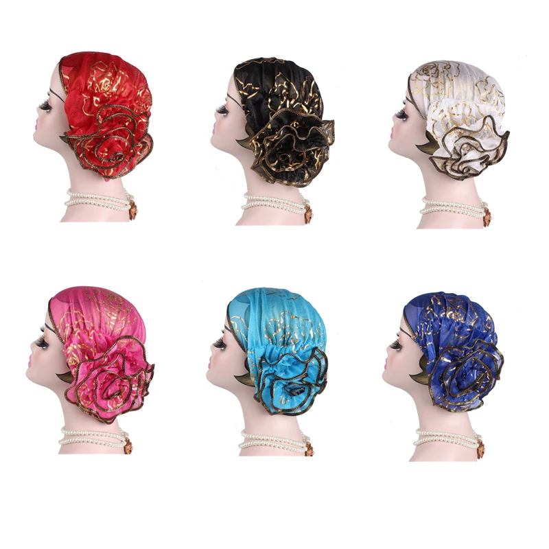 

European And American Popular Headdress Hat Muslim Headwrap Cap Beauty Gauze Hot Gold Plate Loss Hair Flower For Ladies Turban