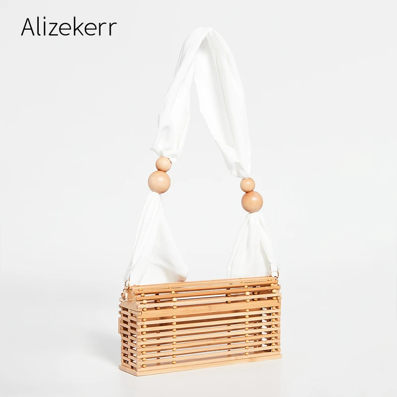 Женская бамбуковая пляжная сумка винтажная Плетеная соломенная с деревянными