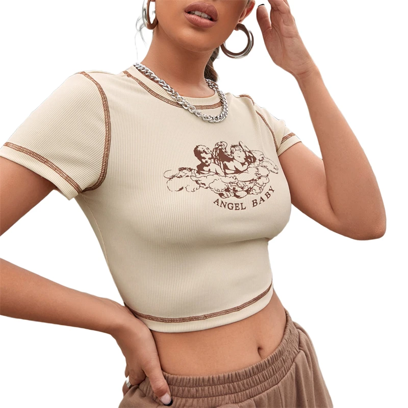 

Hirigin 2021 Summer Women's Short Sleeve Round Neck Contrast Stitch Crop Tops Little Angel Print T-Shirts Casual Streetwear