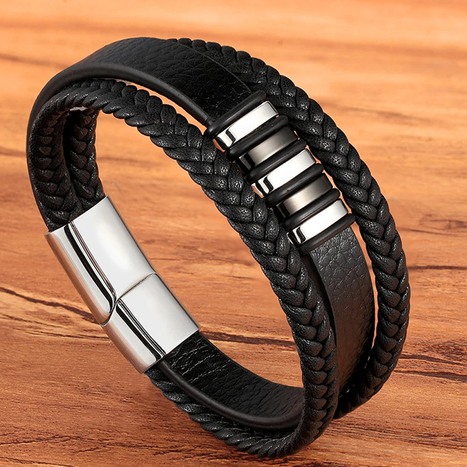 TYO Fashion – Bracelet magnétique en acier inoxydable pour hommes  Bracelet en cuir véritable