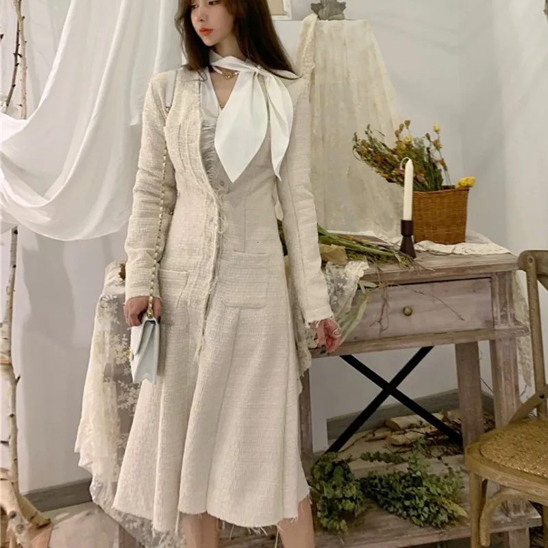 DEAT Autumn And Winter New Fashion Solid Color V-neck Long Dress Single-breasted Slim Windbreaker Jacket PB516