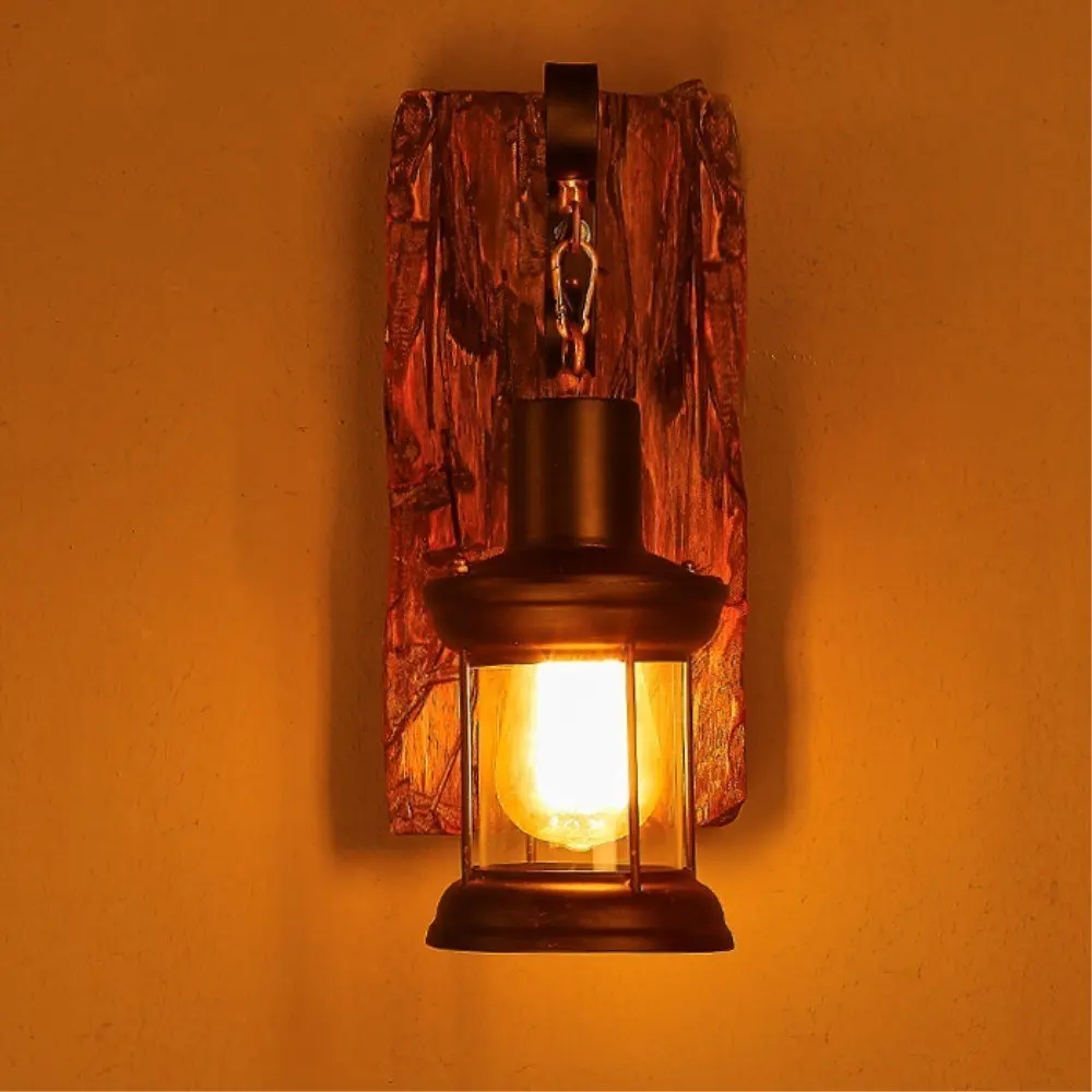 

Retro Rural Wood Wall Lamps Creative Living Room Corridor Decoration Light Restaurant Bedside Solid Wood Glass Cover Wall Lights