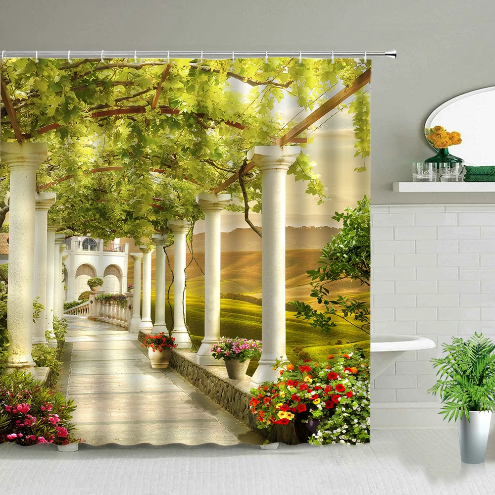 

Занавеска для душа в европейском стиле с крючками, садовая Шторка для ванной с изображением цветов, растений, ландшафта, коридора, водопада, океана
