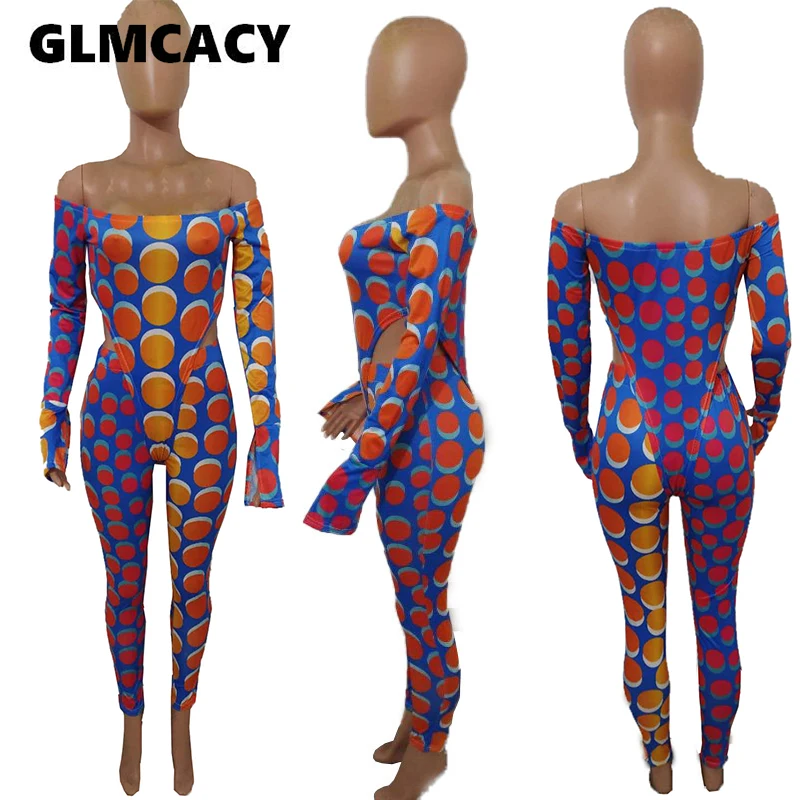 

Women Polka Dot Printed Long Sleeve Off Shoulder Romper & High Waist Bodycon Pant Sets Sexy & Club Suits