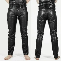 mens faux leather pants pu material black slim fit motorcycle leather trousers for male
