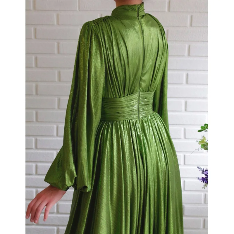 

Vintage Lantern Sleeve Long Maxi Dress Women Elegant Slim Waist Avocado Green Party Dress Elegant Ladies party dress Vestido