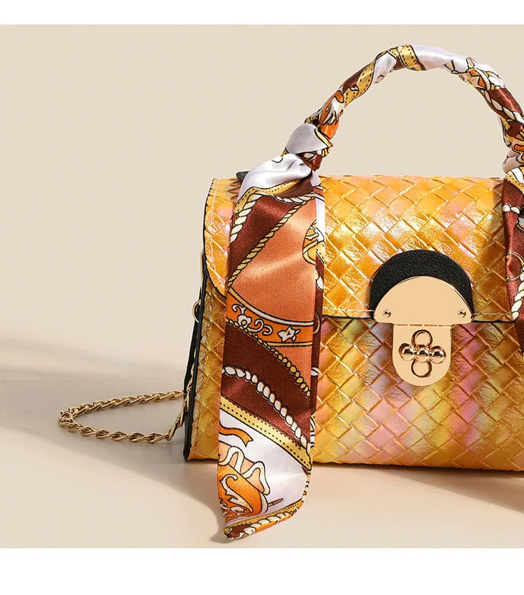 Fashion Woven Pattern Leather Crossbody Bag For Women Casual Travel Handbag With Silk Scarf Ladies Chain shoulder Messenger Bag
